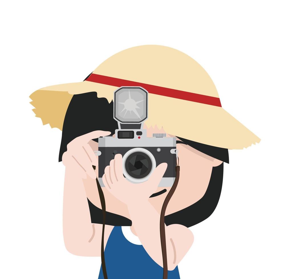 Small girl with camera is taking pictures with straw hat vector