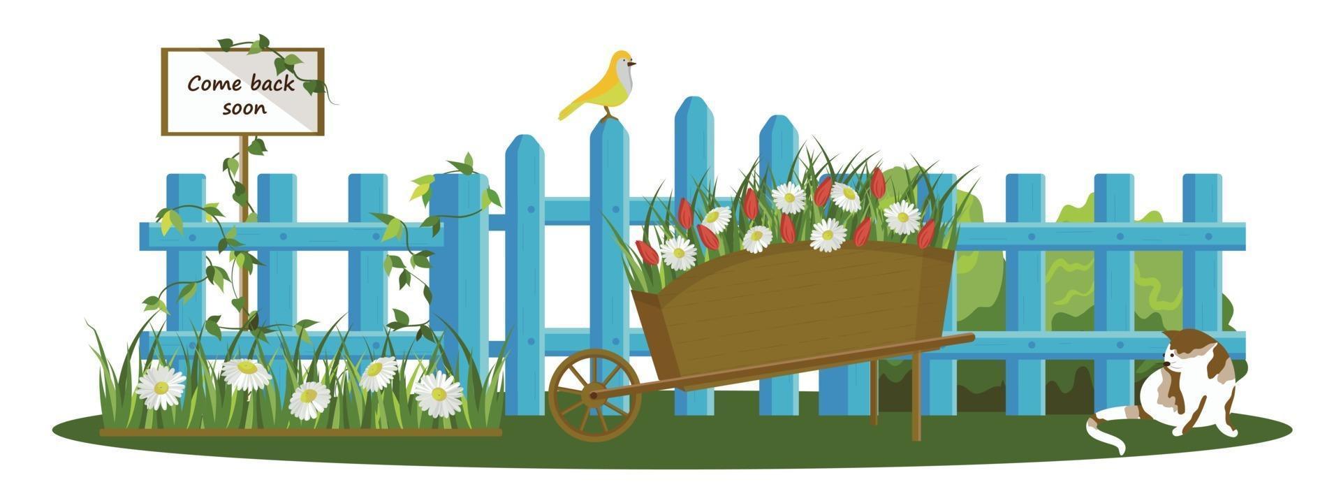 Colorful vector drawing of a blue fence isolated on a white background. A sign that says I'll be back soon. A flower bed with daisies, a cat, a bird, and a flower cart.