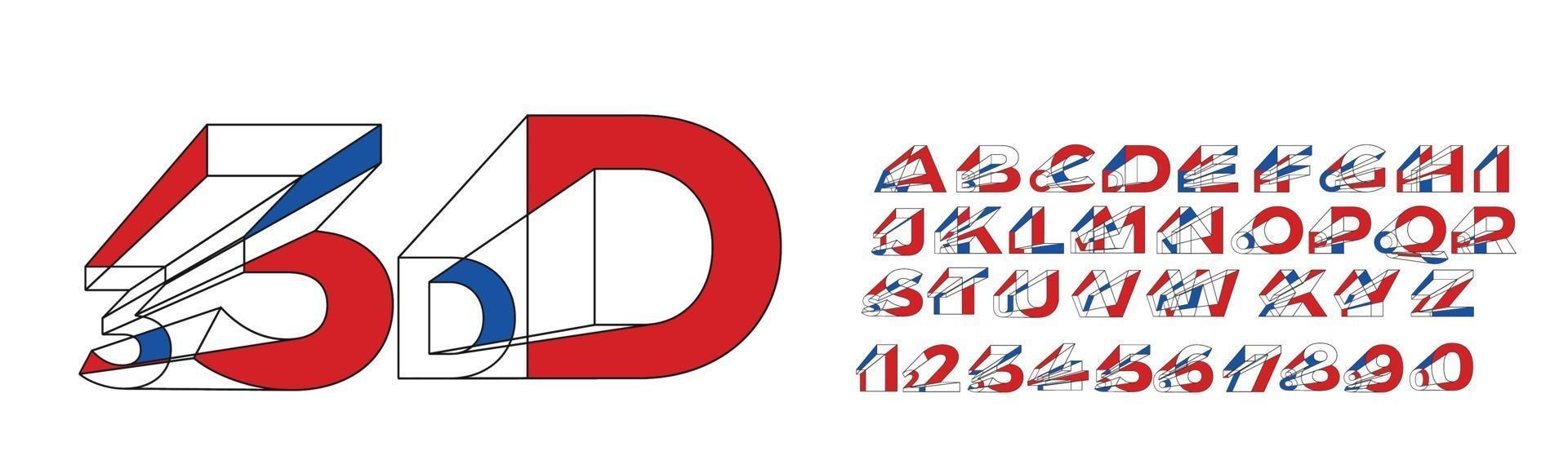 3d geometric alphabet font. Letters, numbers and symbols. vector