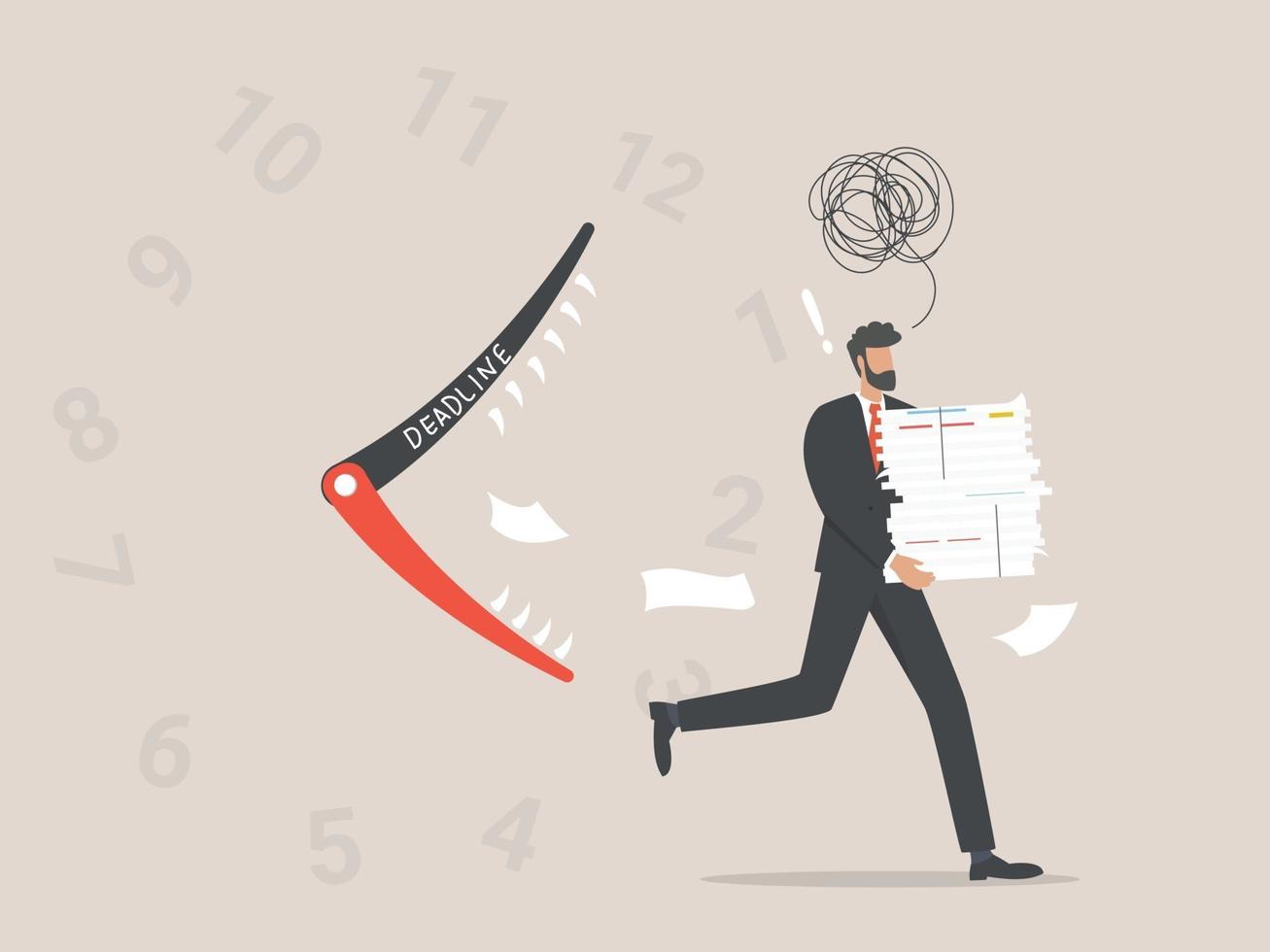 Deadlines. Businessman character running with a huge pile of documents with clock on background vector