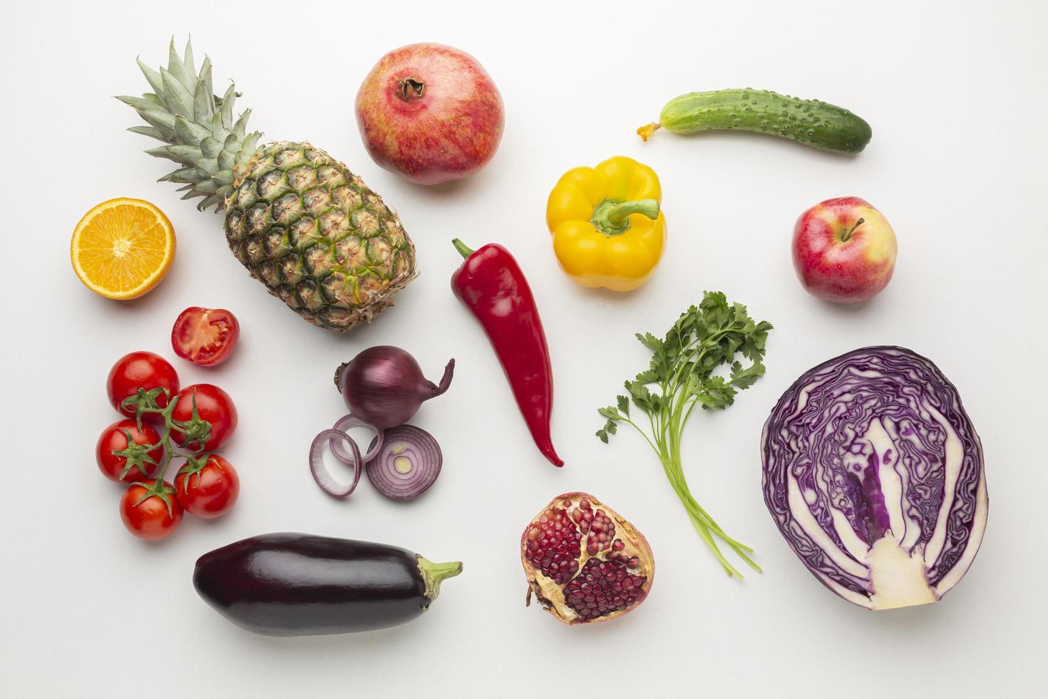 Top view of vegetable and fruit flat lay photo