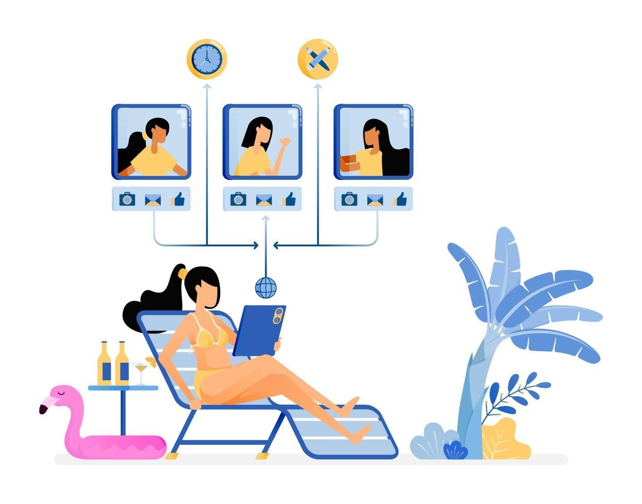 felices vacaciones ilustración de las mujeres están tomando el sol y disfrutando de unas vacaciones en la playa seguir trabajando y tener reuniones virtuales El diseño vectorial se puede utilizar para carteles, anuncios, sitios web, móviles, web vector