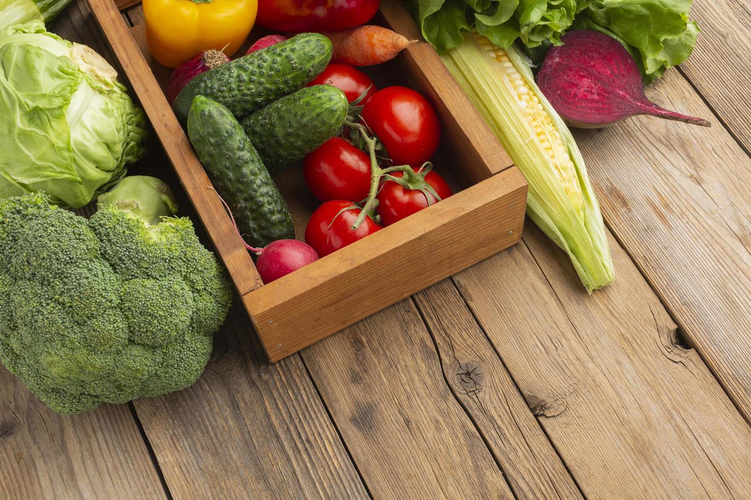 High angle vegetables on wooden table photo