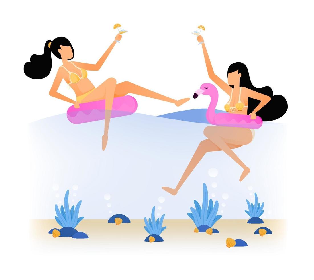 happy vacation illustration of two women in the sea in pink flamingo floats and drinking champagne fun holiday party Vector design can be used for poster banner ad website web mobile flyer