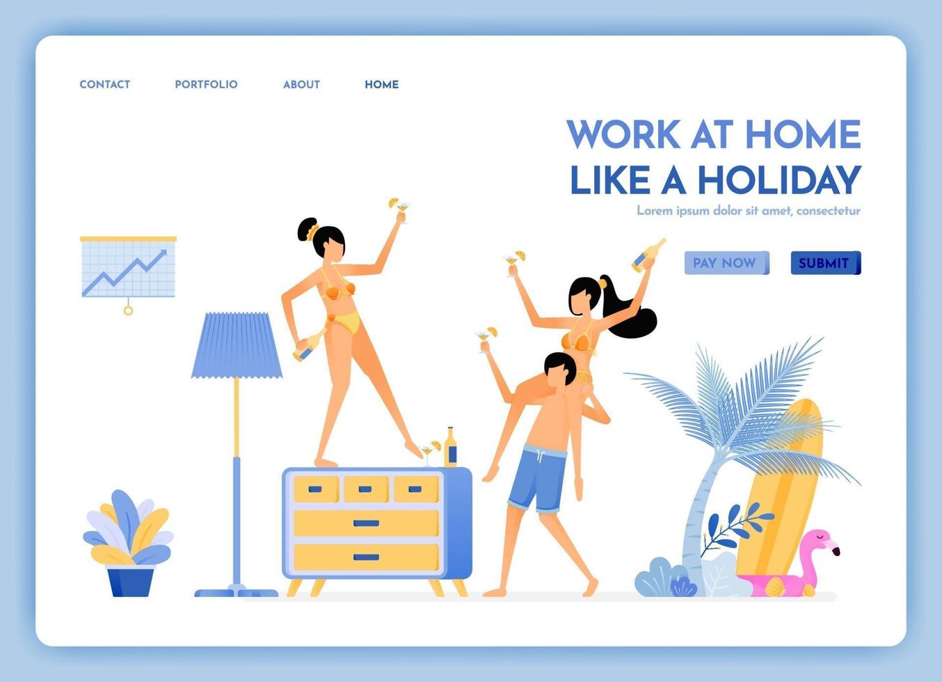 sitio web de viajes con el tema del trabajo en casa, como viajes de vacaciones a las playas de islas tropicales y seguir trabajando a través de Internet, el diseño vectorial se puede utilizar para carteles publicitarios. vector