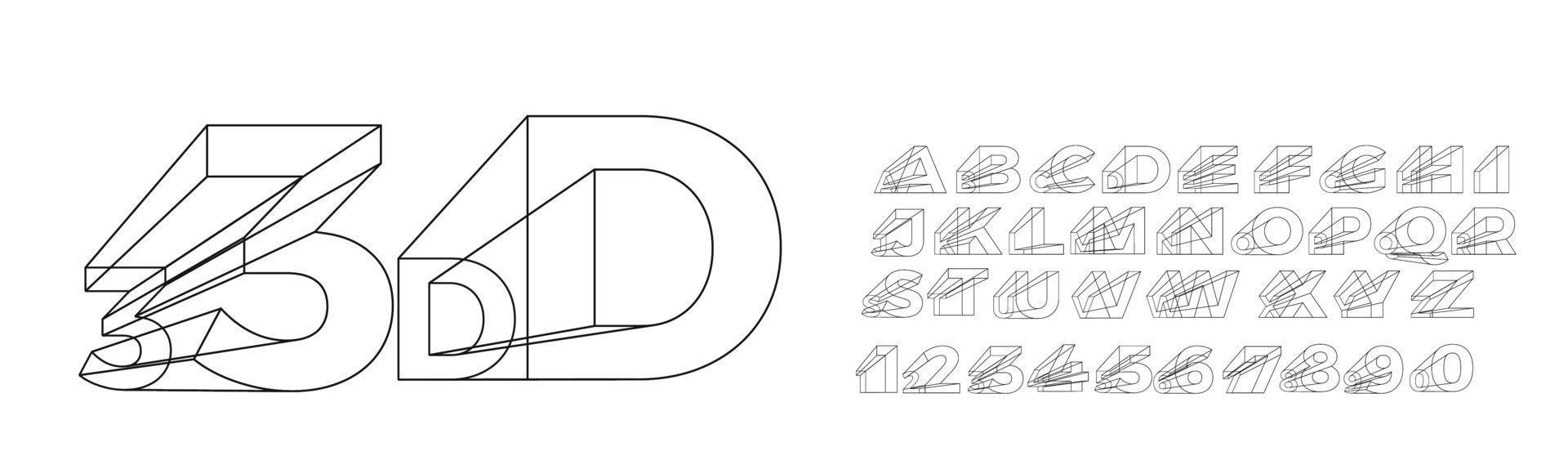 Fuente de alfabeto geométrico 3D. letras, números y símbolos. vector