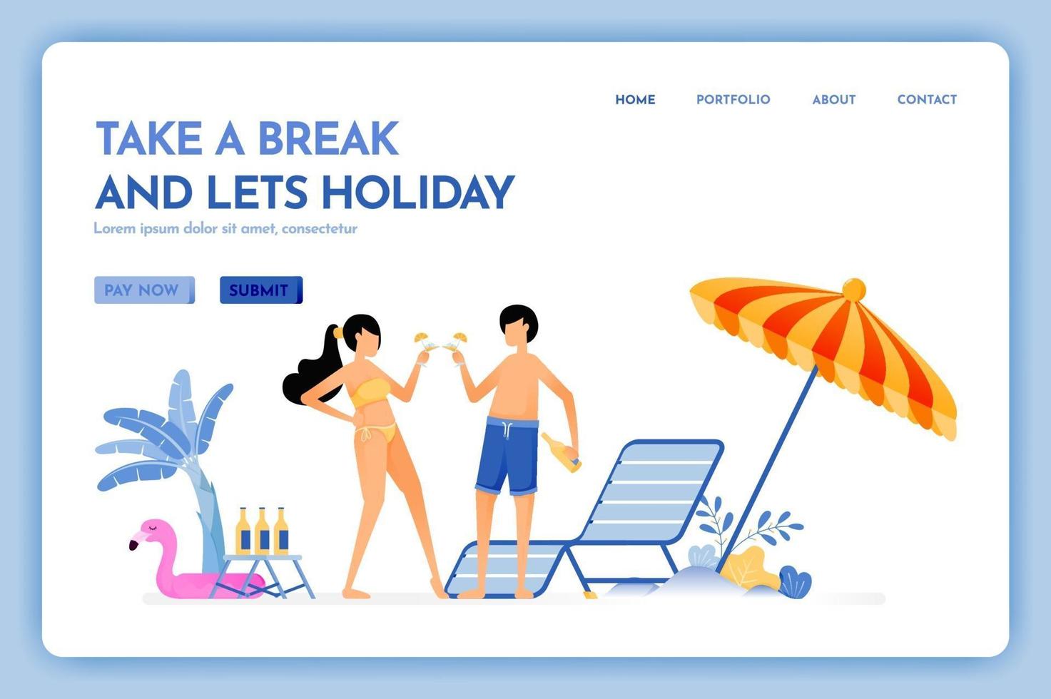 travel website with the theme of take a break and lets holiday, beach vacation trip fun service for couple Vector design can be used for poster banner ads website web mobile marketing flyer