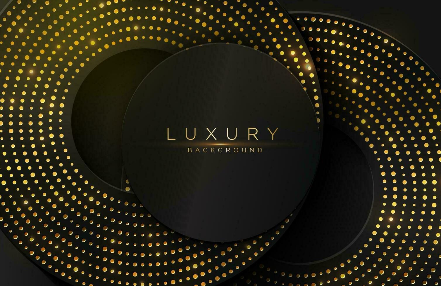 Fondo elegante de lujo con elemento de círculo dorado brillante y partículas de puntos en una superficie de metal negro oscuro vector