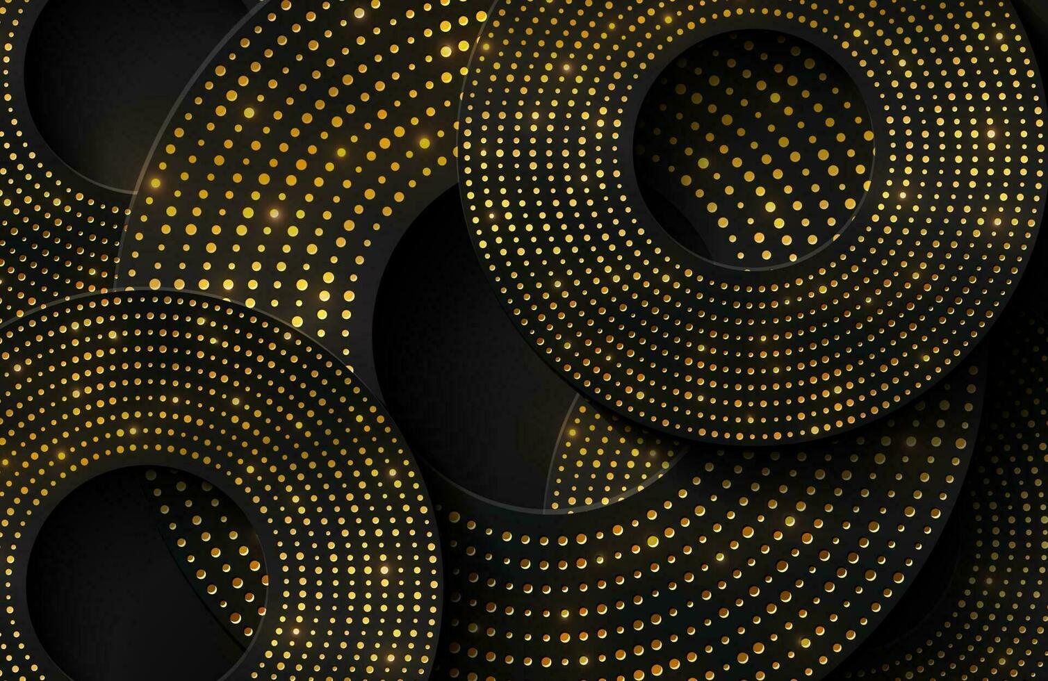 Luxury elegant background with shiny gold circle element and dots particle on dark black metal surface vector