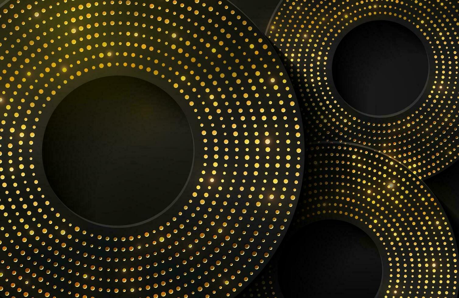 Fondo elegante de lujo con elemento de círculo dorado brillante y partículas de puntos en una superficie de metal negro oscuro vector
