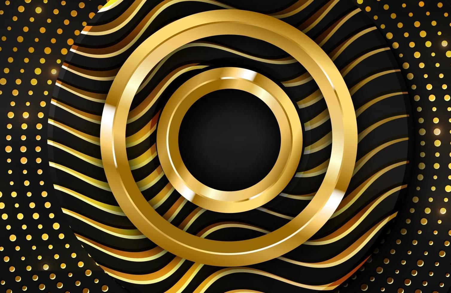 Fondo realista 3d de lujo con forma de círculo dorado ilustración vectorial de formas de círculo negro texturizadas con líneas onduladas doradas vector