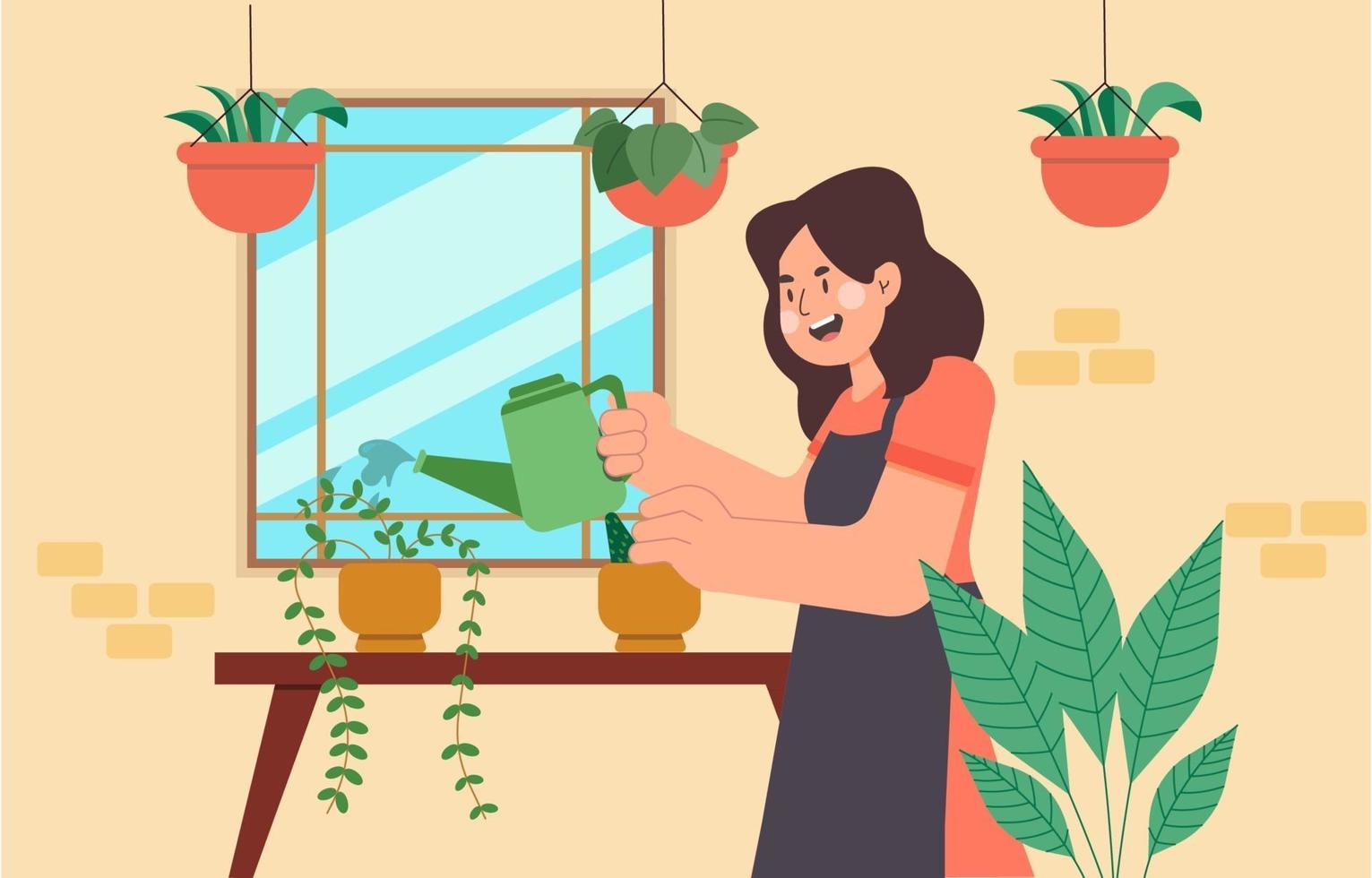 personaje femenino regando las plantas en el acogedor jardín de su casa vector