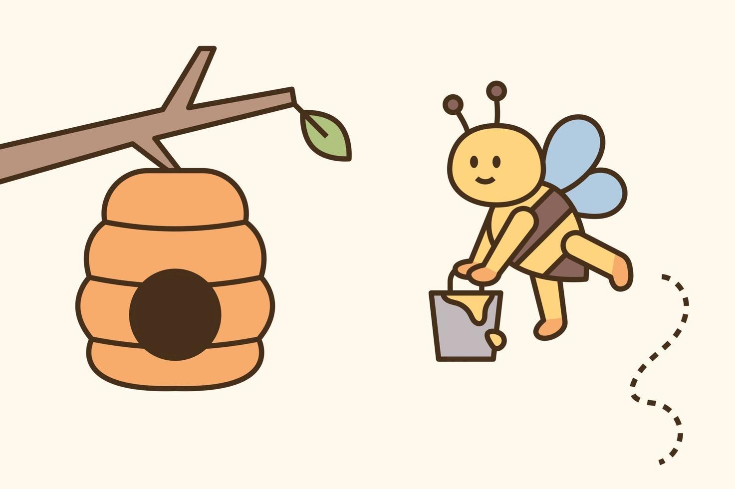 una linda abeja lleva miel en un balde y la lleva a casa vector