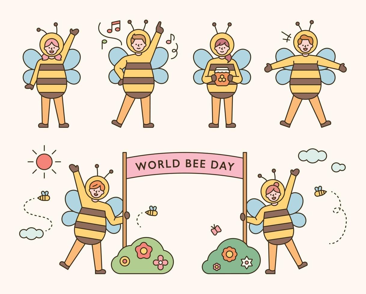 People in bee costumes for World Bee Day vector