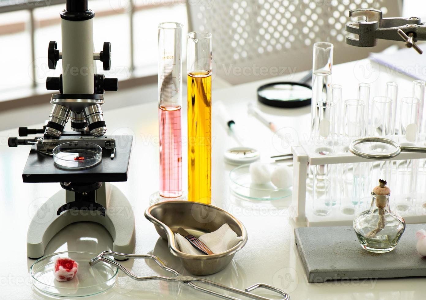 Laboratorio de pruebas químicas médicas, líquidos coloreados. foto