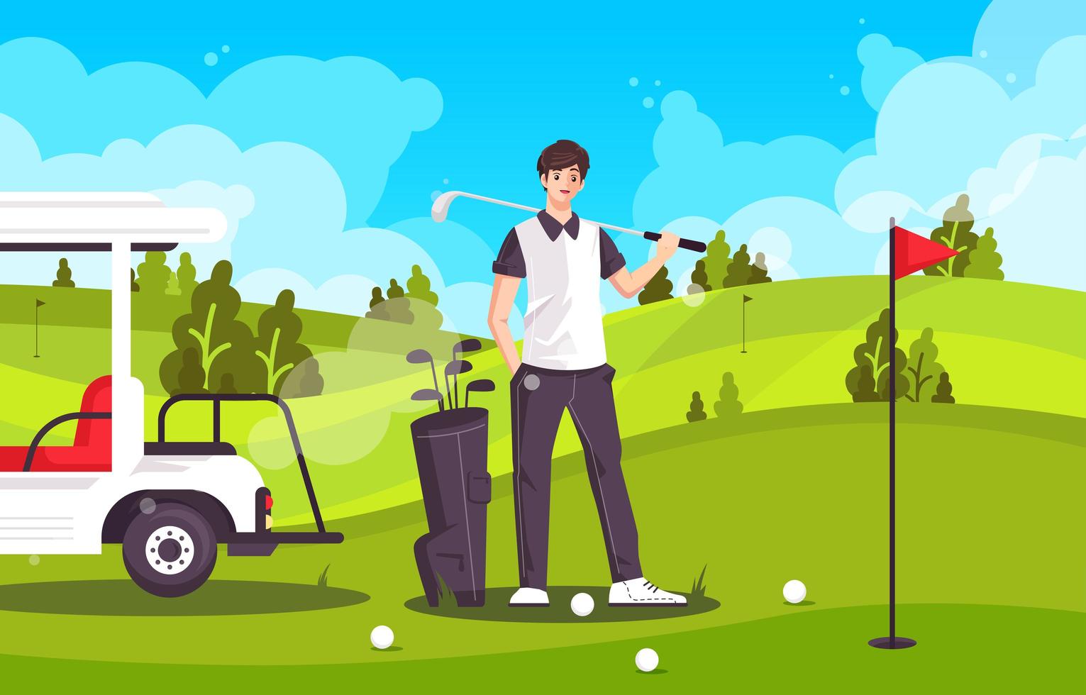 Golfer and His Golf Clubs at the Golf Court vector