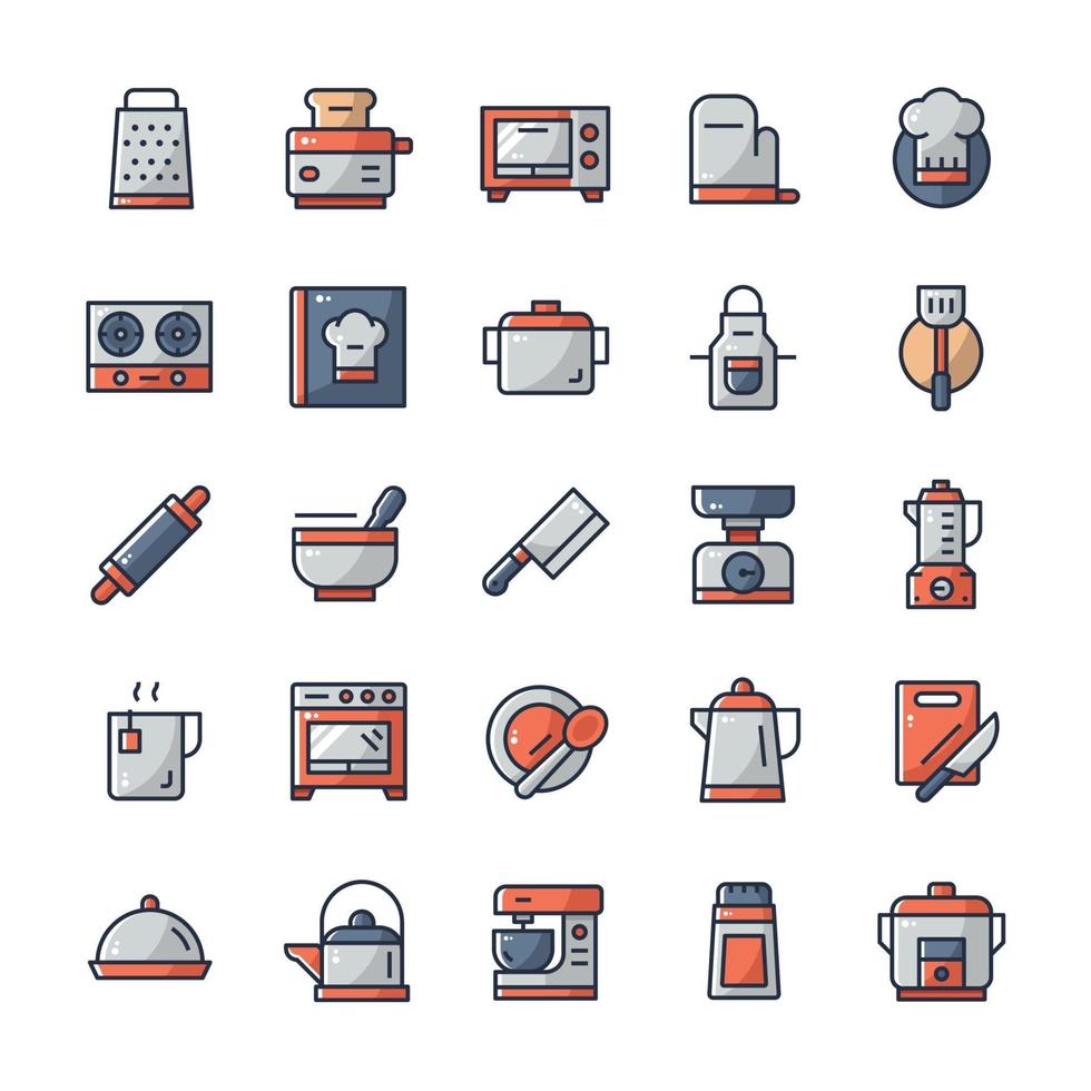 Set of Kitchen icons with outline color style. vector