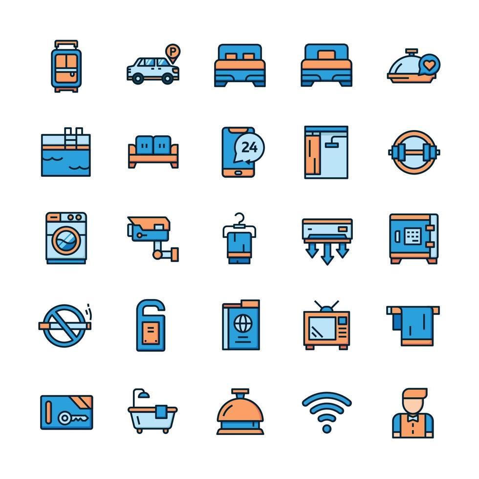 Set of Hotel icons with outline color style. vector