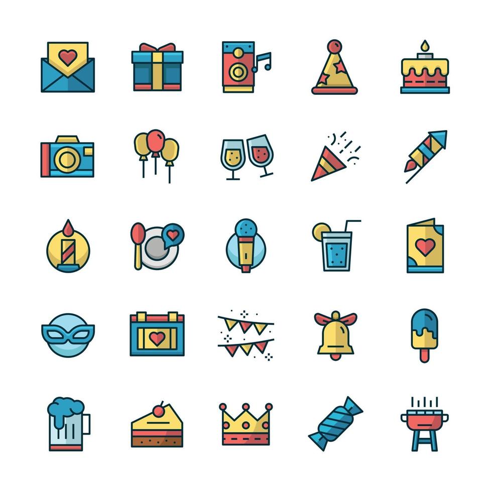 Set of Party icons with outline color style. vector