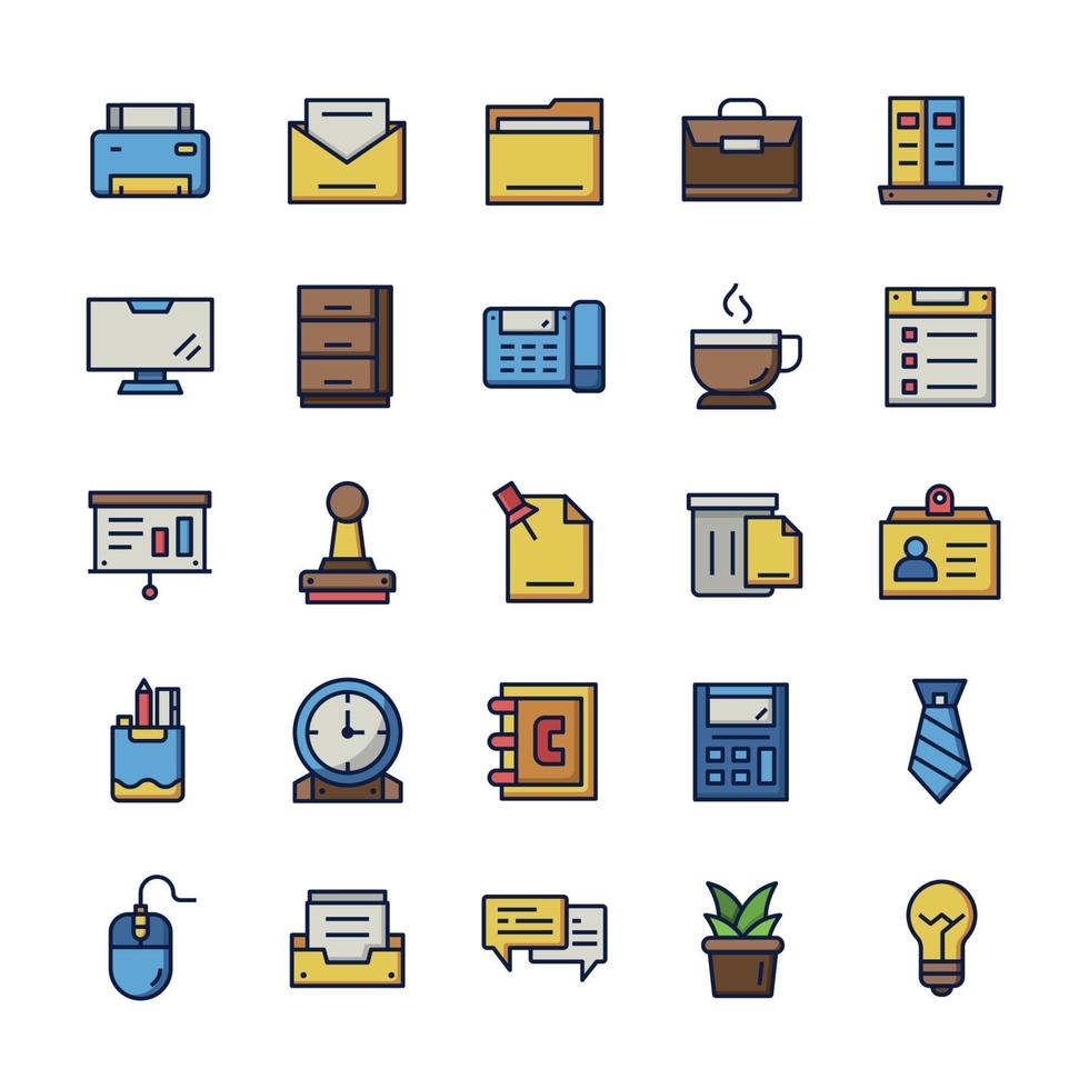 Set of Office icons with outline color style. vector