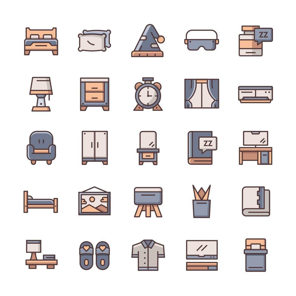 Set of Bedroom icons with outline color style. vector