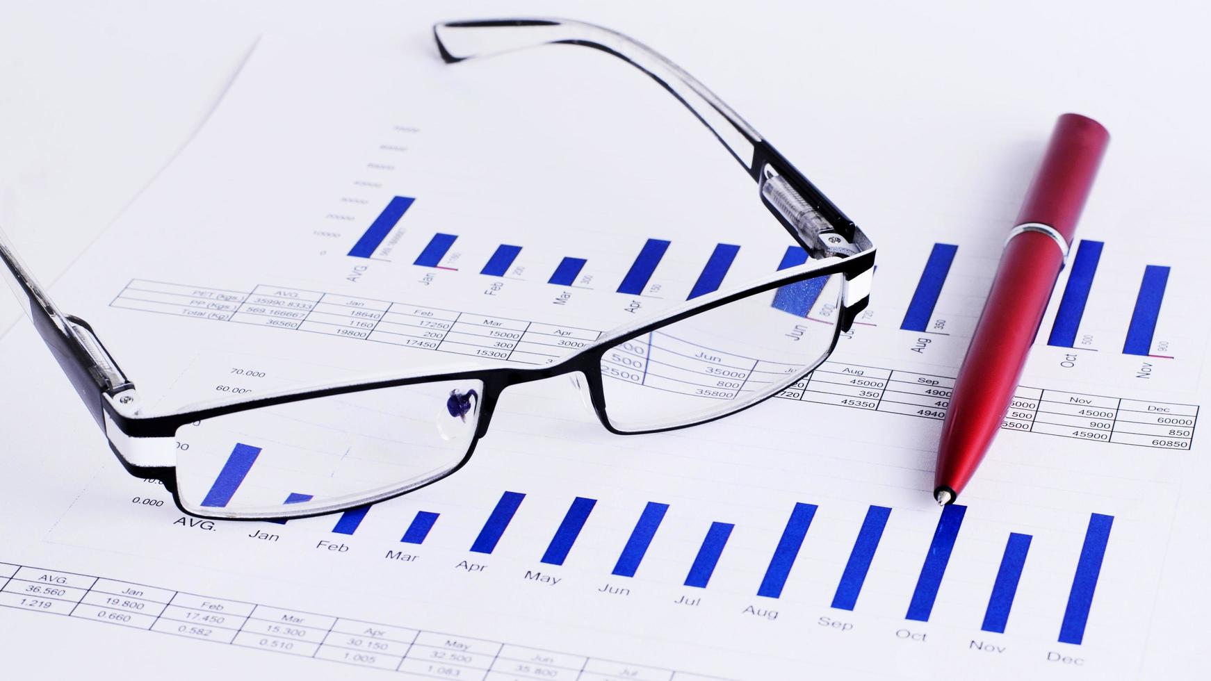 Eyeglass and pen on Chart for Business concept photo