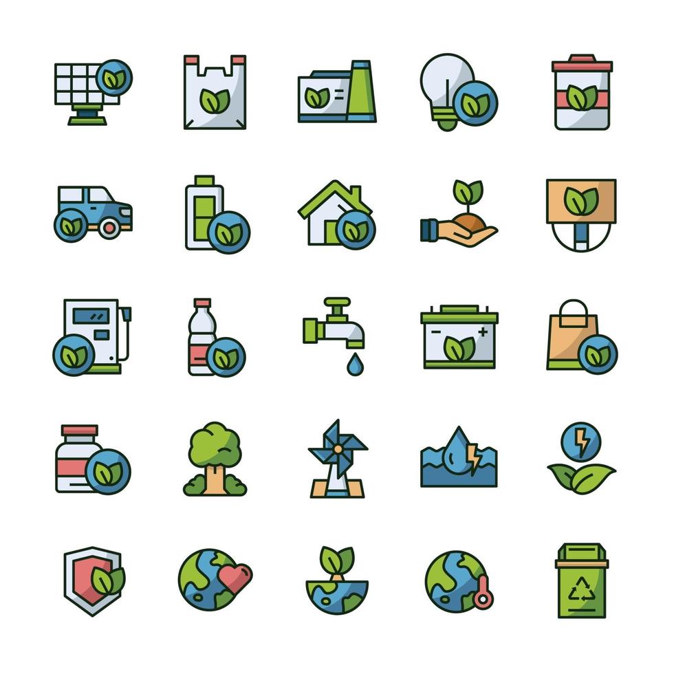 Set of Eco Green icons with outline color style. vector