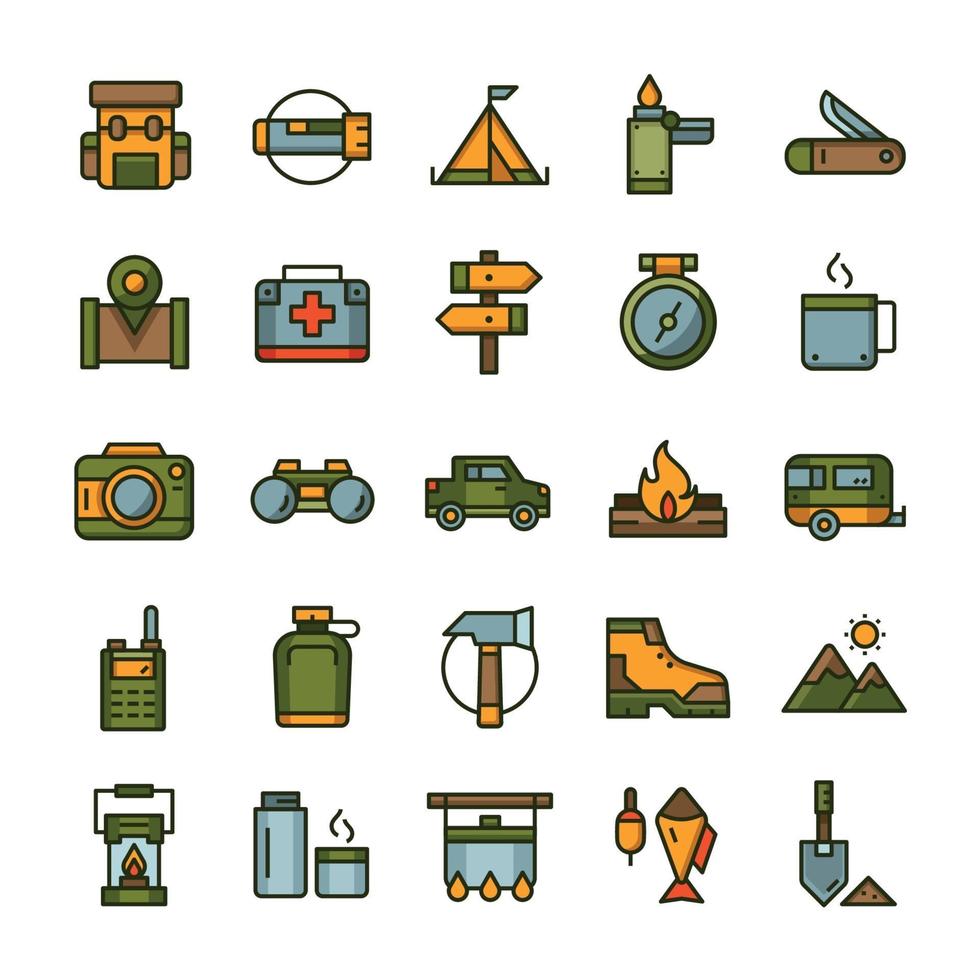 Set of Hiking Camping icons with outline color style. vector