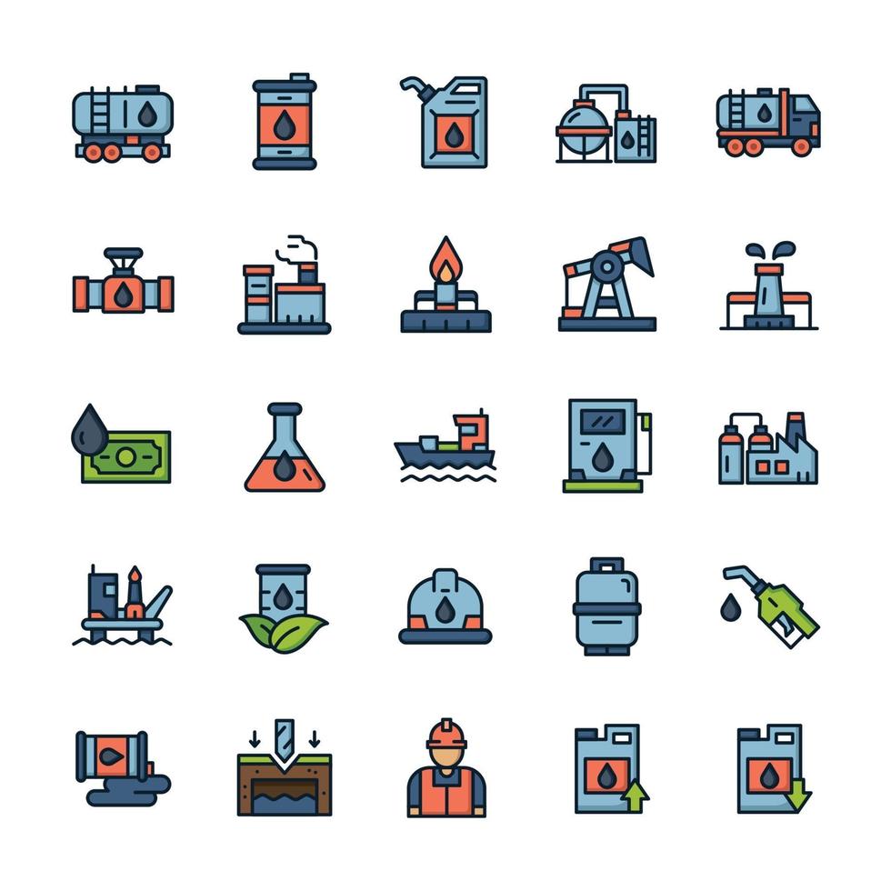 Set of Oil industry icons with outline color style. vector