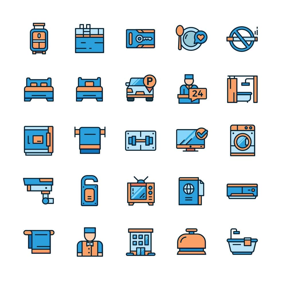 Set of Hotel icons with outline color style. vector