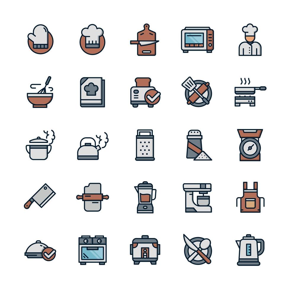 conjunto de iconos de cocina con estilo de color de contorno. vector