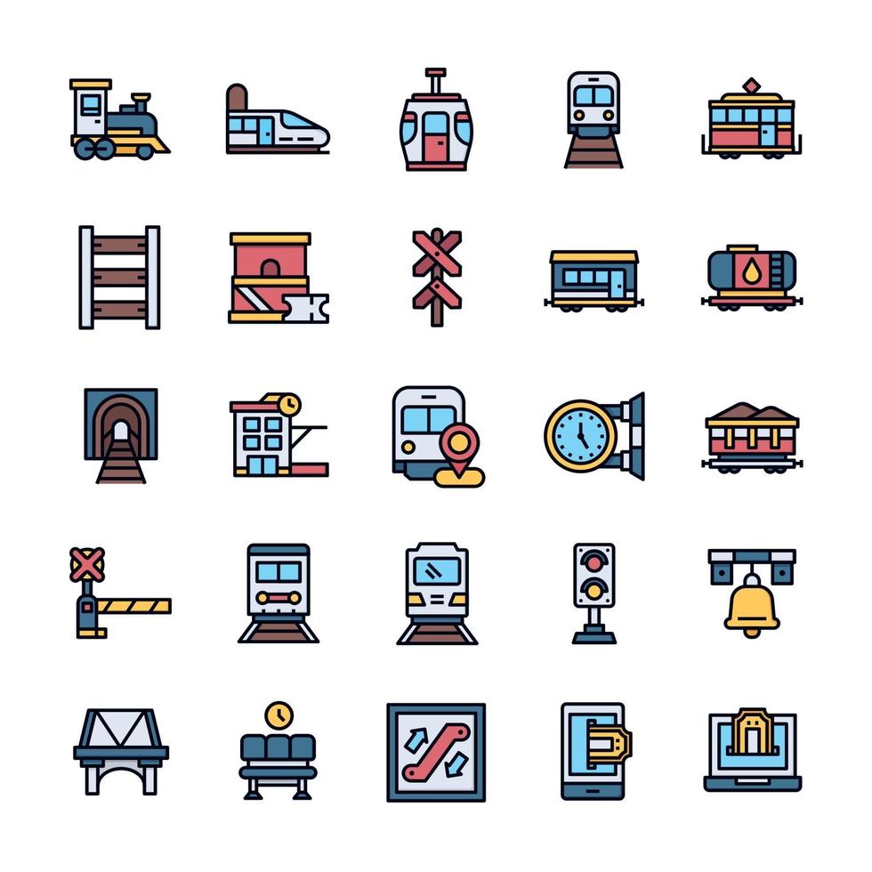 Set of Railway icons with outline color style. vector