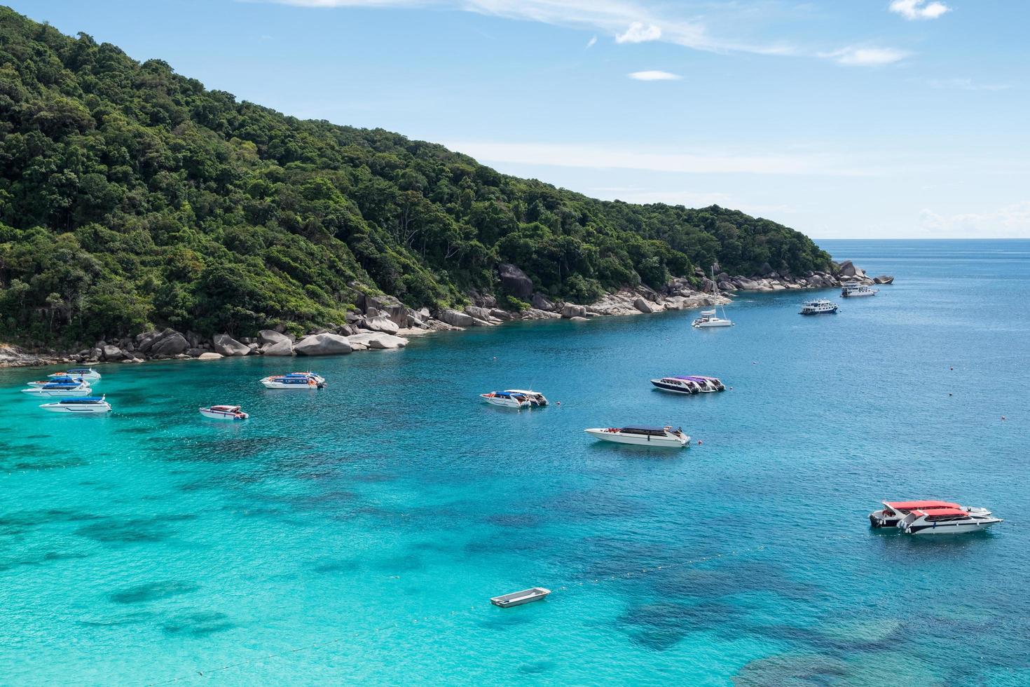 Scenery of boats in tropical sea with blue sky on Similan bay photo