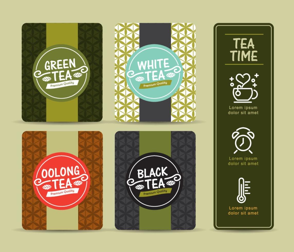 vector conjunto de plantillas de empaquetado de té, logotipo, etiqueta, pancarta, póster, identidad, marca. diseño elegante para té negro - té verde - té blanco - té oolong