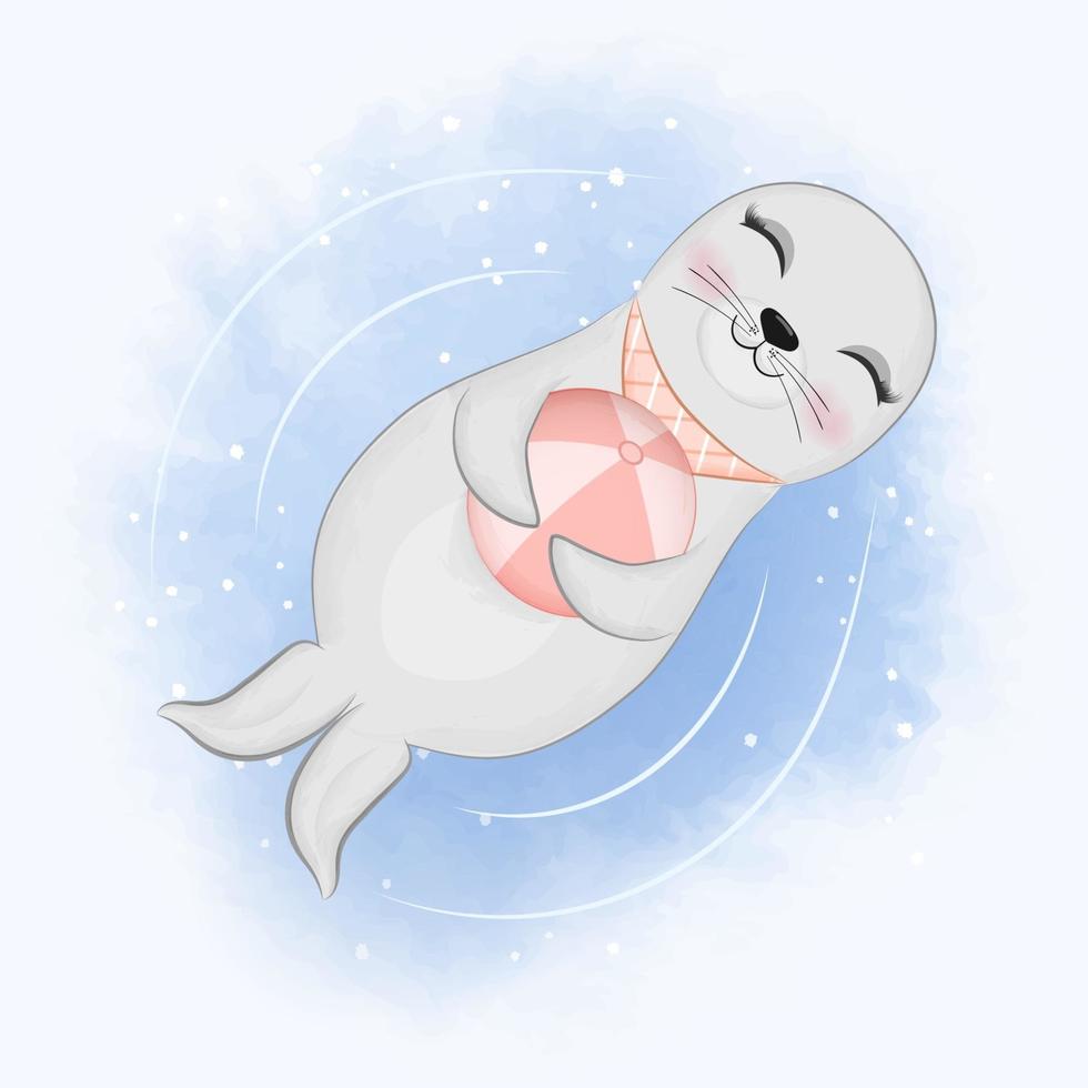 foca bebé y bola flotando en el agua ilustración acuarela vector