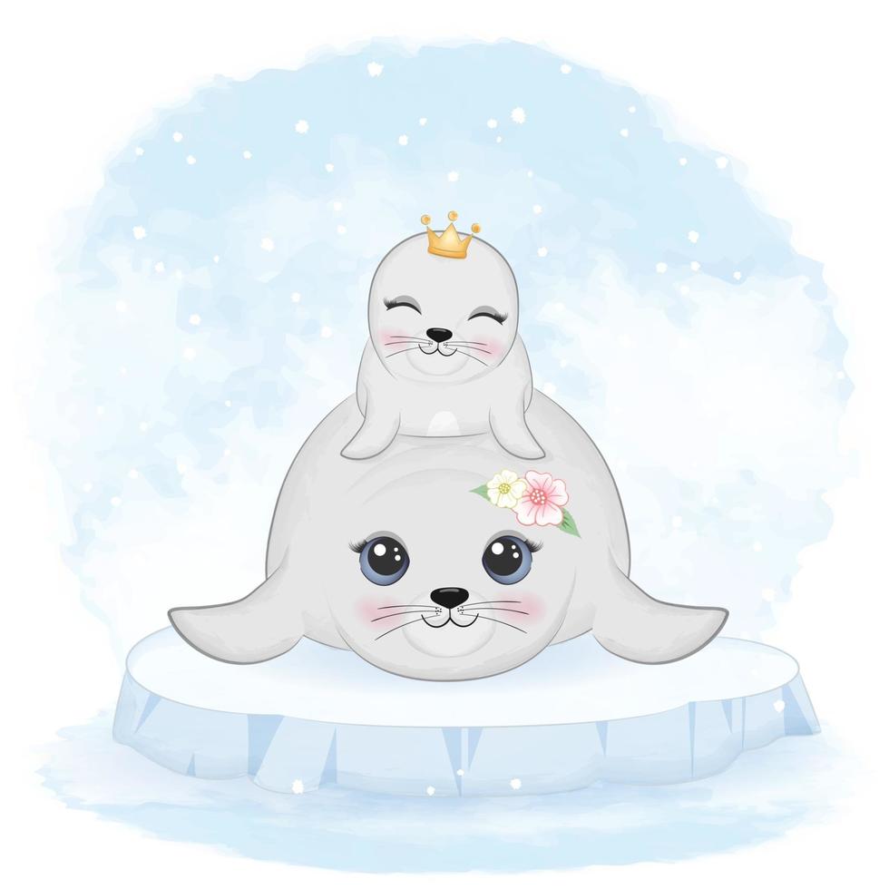 Cute baby seal and mom on ice floe vector