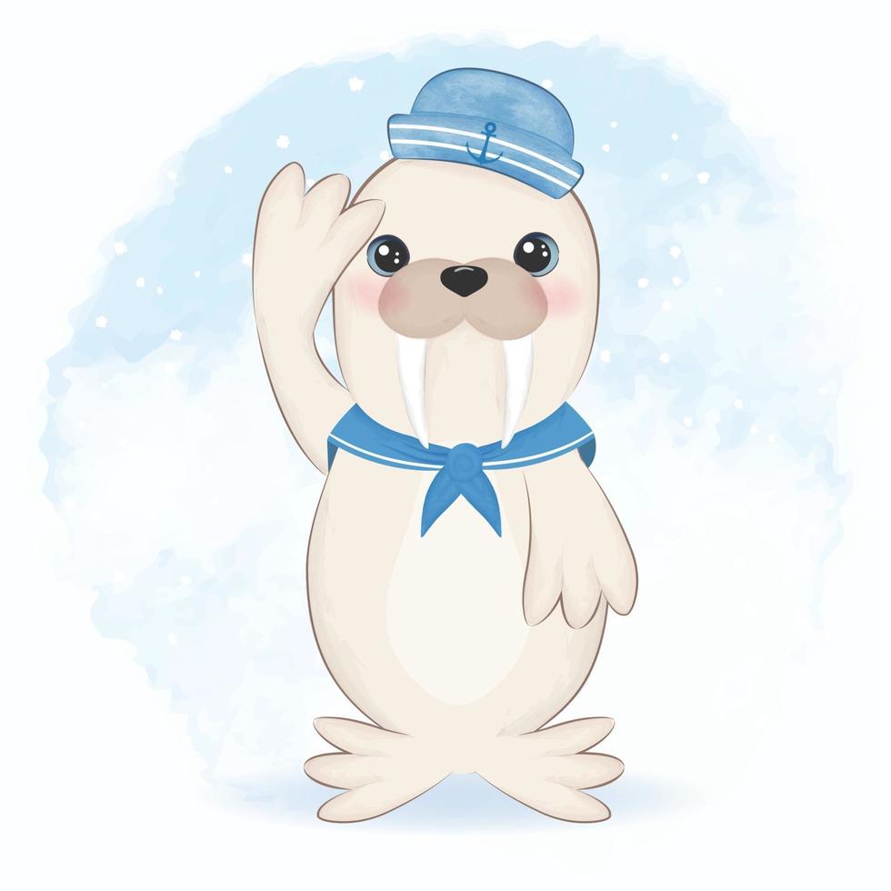 Cute walrus sailor cartoon arctic animal watercolor illustration vector