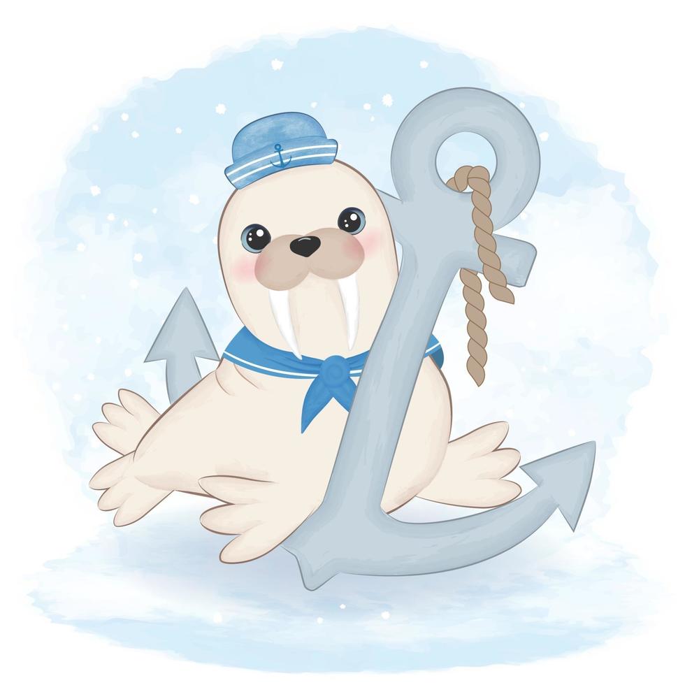 Cute walrus sailor and anchor cartoon arctic animal watercolor illustration vector