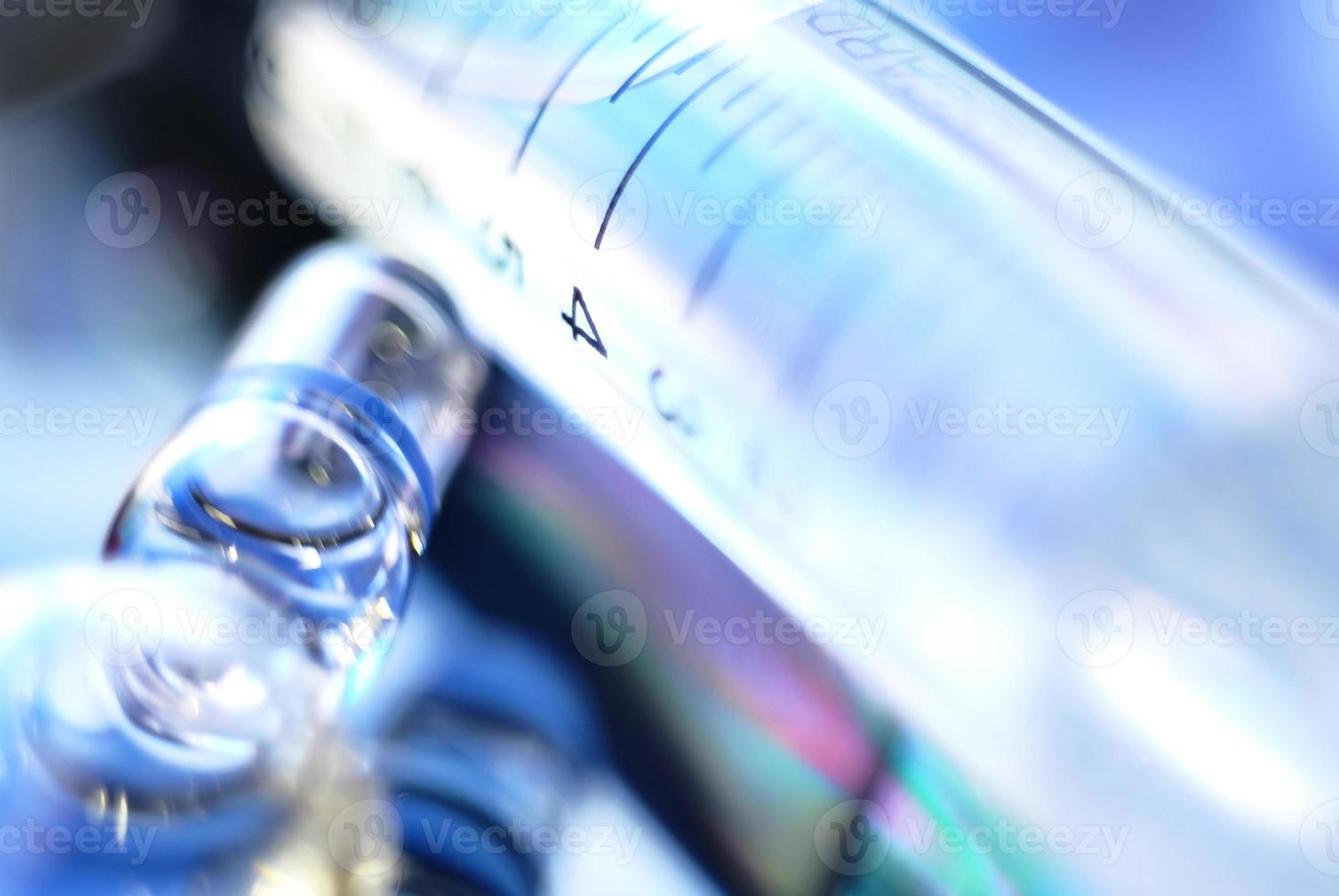 A close p blurry image of an syringe and an ampule photo