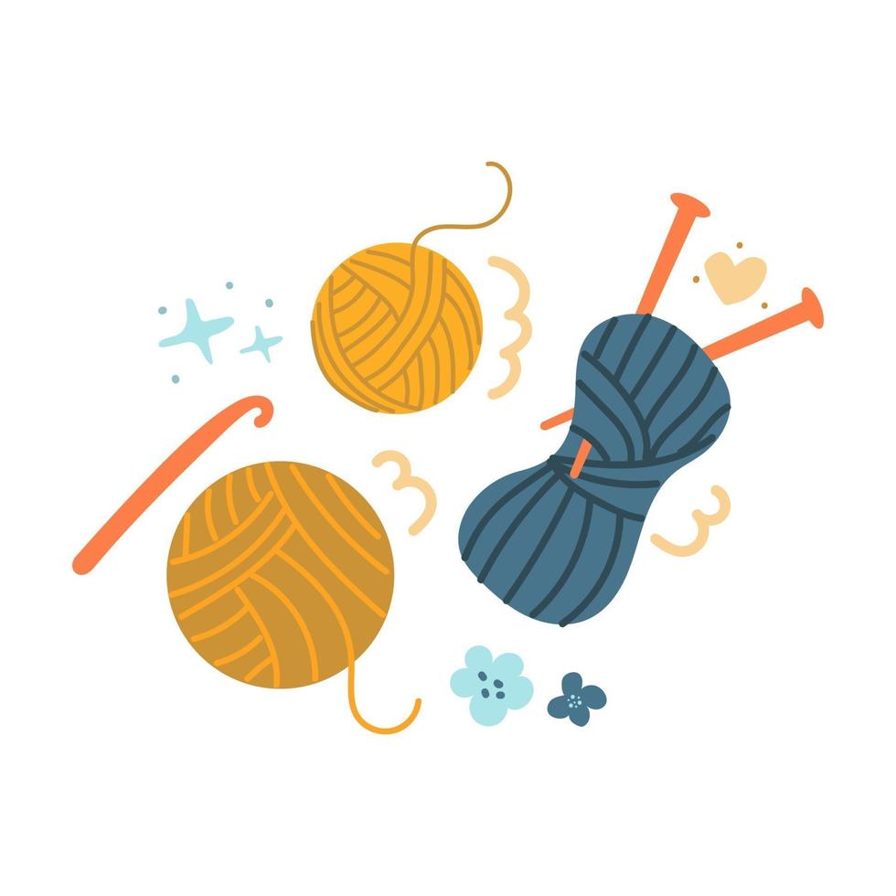Hand drawn yarn knitting needles and crochet hook Flat illustration DIY concept vector