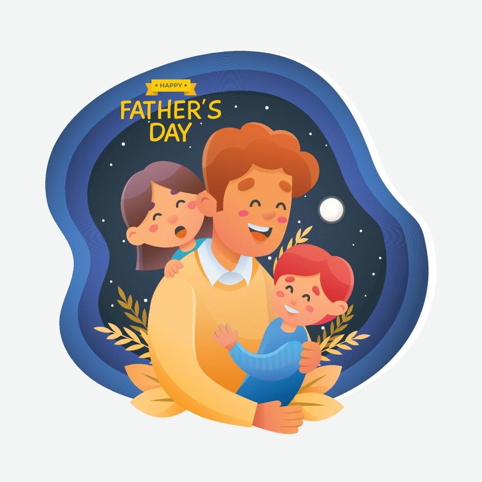 Super Dad With His Son And Daughter On The Night Sky vector