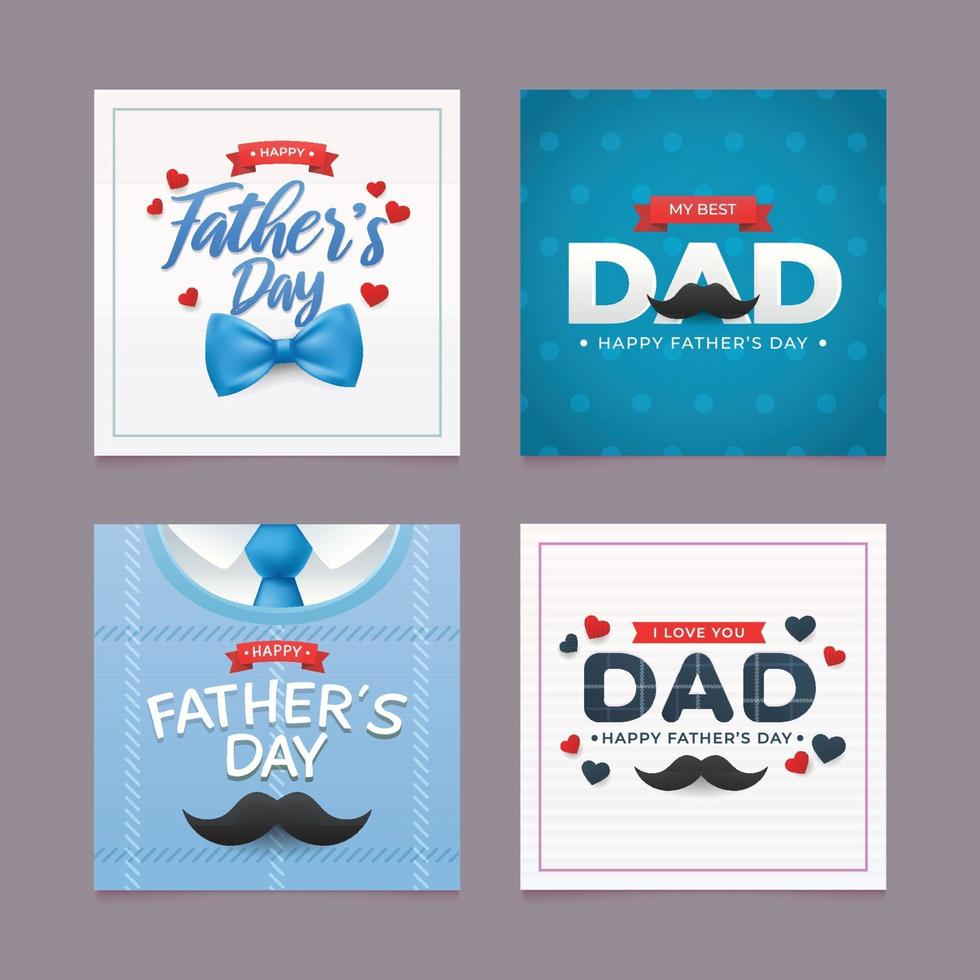 Set of Fathers Day Greeting Card With Bow Tie And Mustache vector