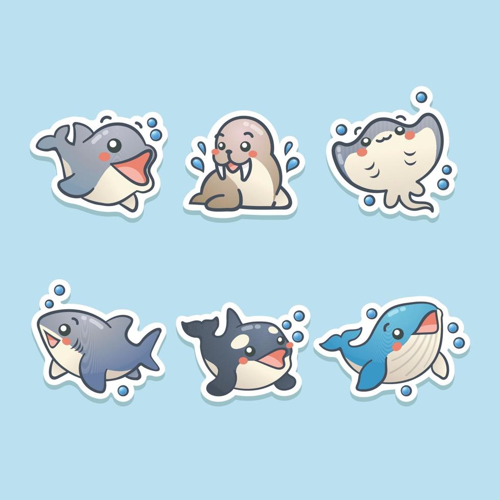 conjunto de pegatinas de animales marinos de dibujos animados lindo vector