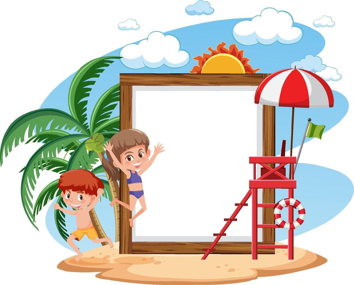 Plantilla de banner vacío con carácter de niños en vacaciones de verano en la playa sobre fondo blanco. vector
