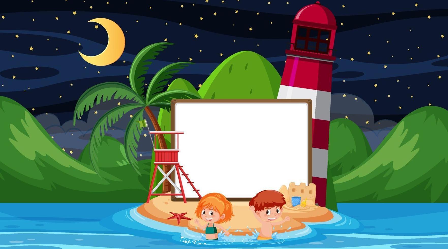 Kids on vacation at the beach night scene with an empty banner template vector