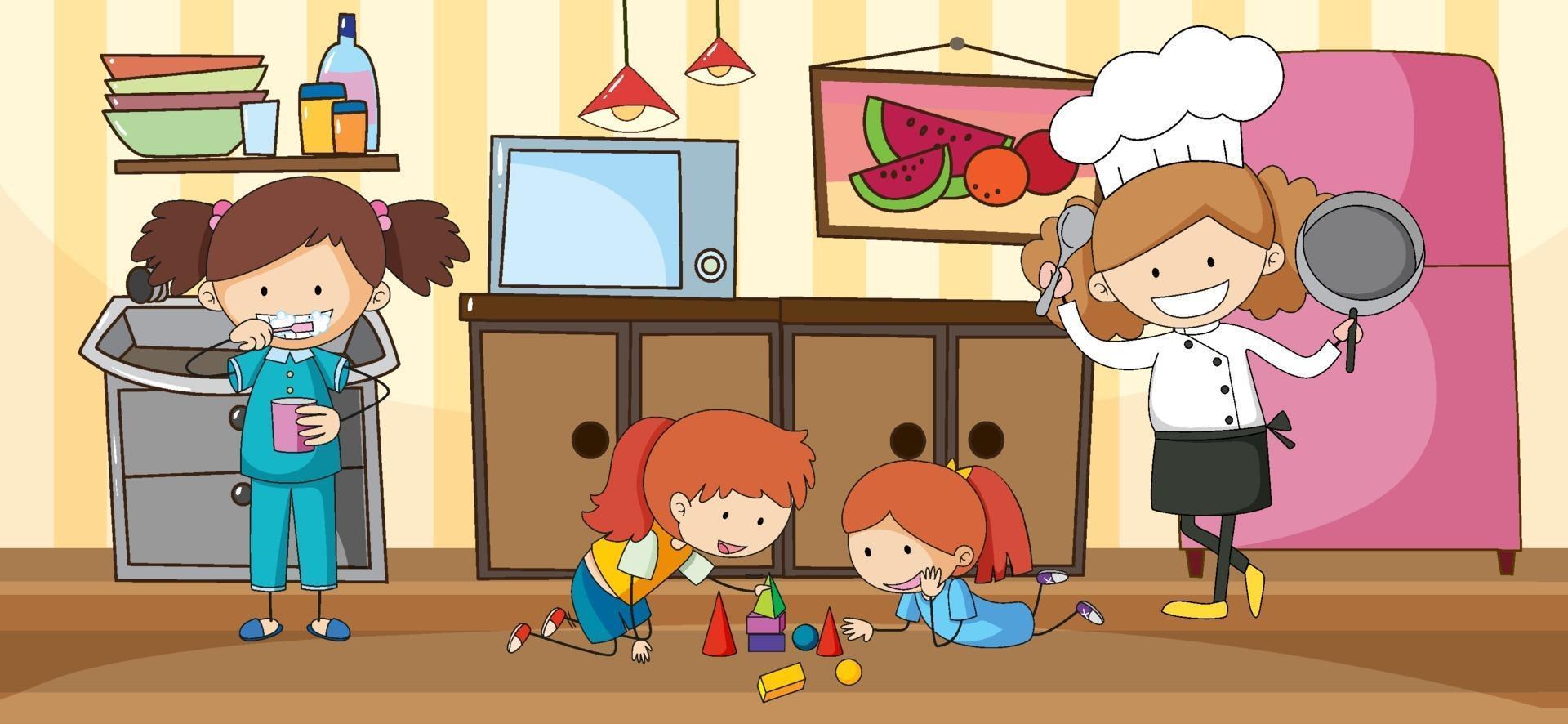 Escena de cocina en blanco con muchos niños doodle personaje de dibujos animados vector