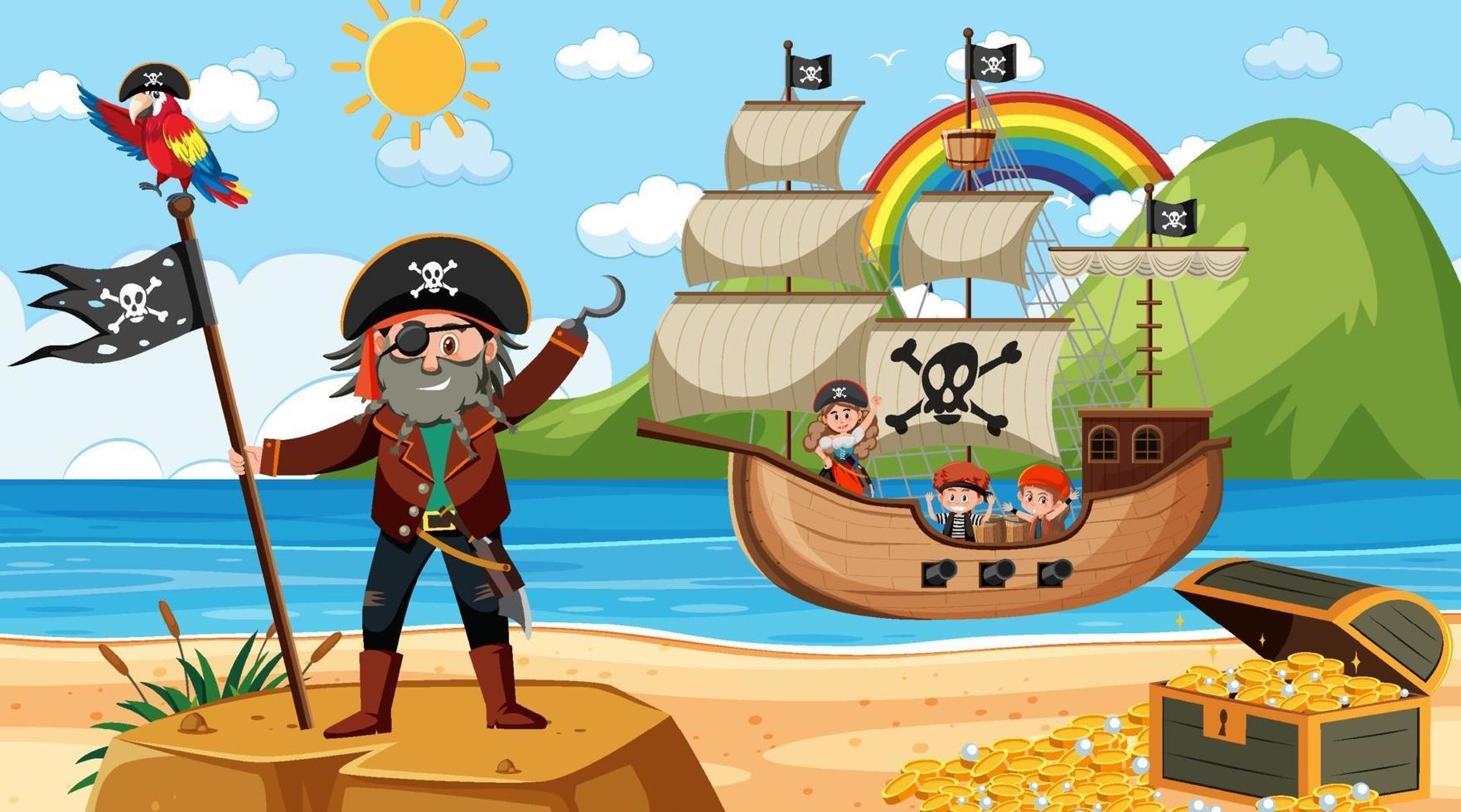 playa en escena diurna con personaje de dibujos animados de niños piratas en el barco vector