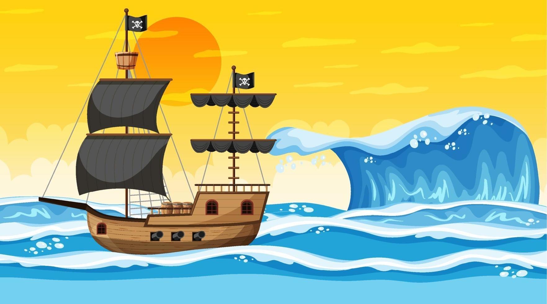 Océano con barco pirata en la escena del atardecer en estilo de dibujos animados vector