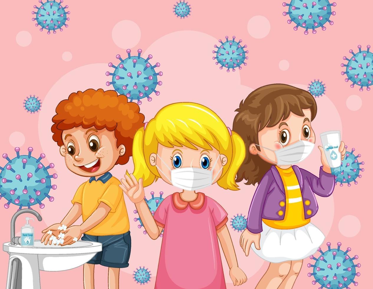 Kids wearing medical mask with coronavirus icon background vector