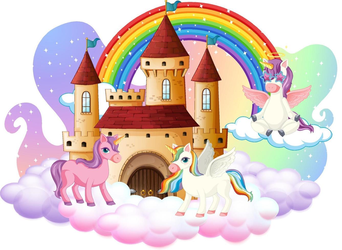 Many cute unicorns cartoon character with castle on the cloud vector